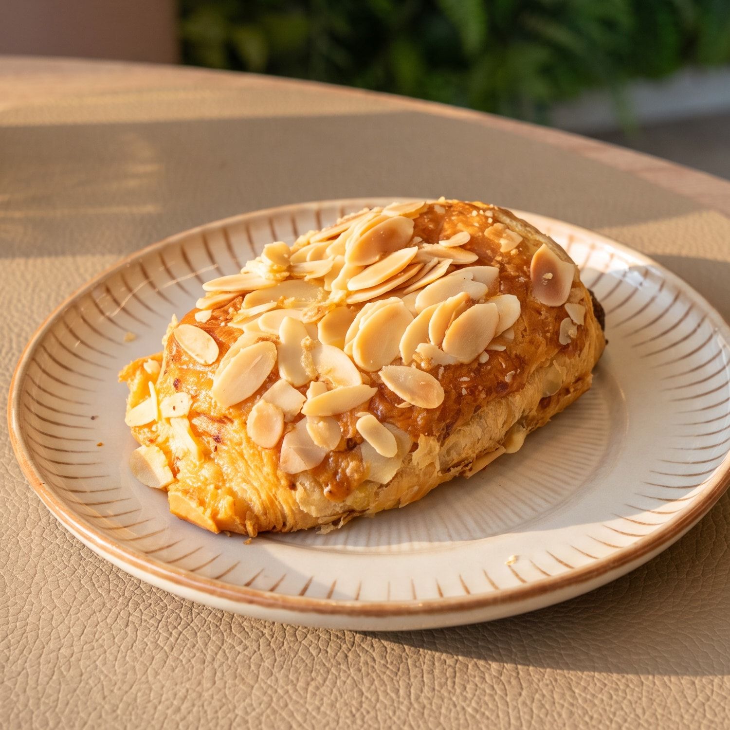 Croissant de amêndoas coberto de lâminas de amêndoa tostada, num prato de cerâmica com a borda listrada, sobre a mesa do salão