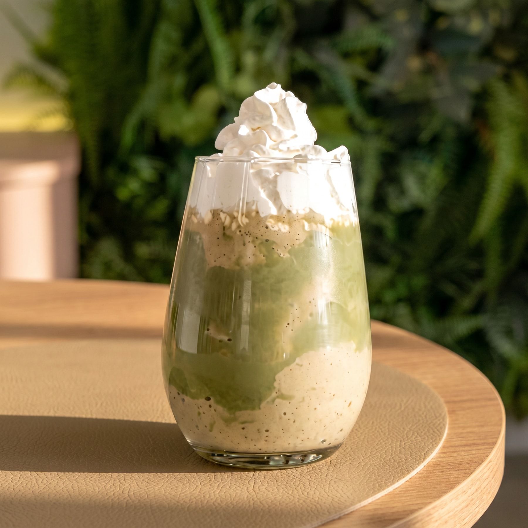 Frappê Harmonia Pistachio no copo de vidro, em camadas de creme verde de pistache e creme claro com farelo, coberto de chantilly