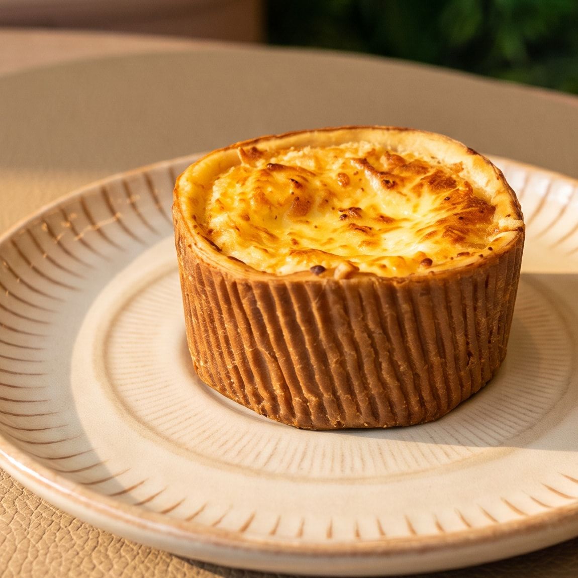 Quiche de queijo gratinada na forminha, num prato de cerâmica com a borda listrada