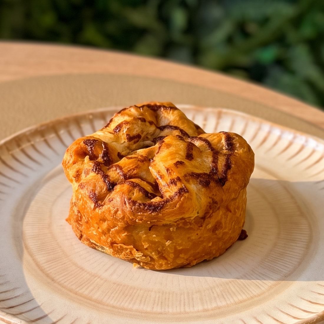 Suculento de coco com chocolate, folhado caramelizado com riscos de chocolate, num prato de cerâmica com a borda listrada